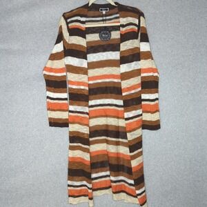 Vivid Striped Duster Cardigan, Brown Orange Beige White, Open Knit Long Sleeve